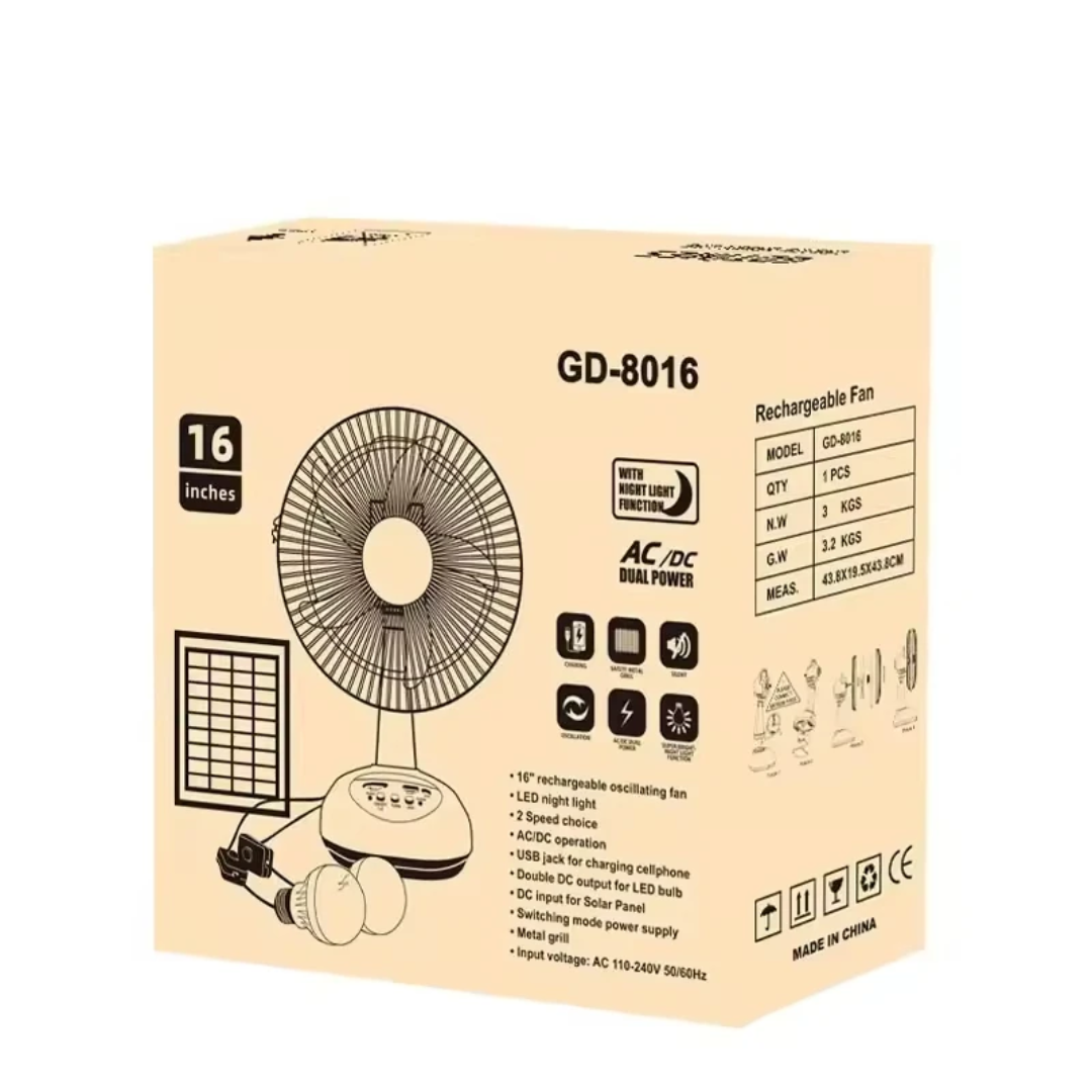 Ventilateur Solaire Rechargeable 16" GD-8016 — Panneau 10W + 2 Ampoules LED