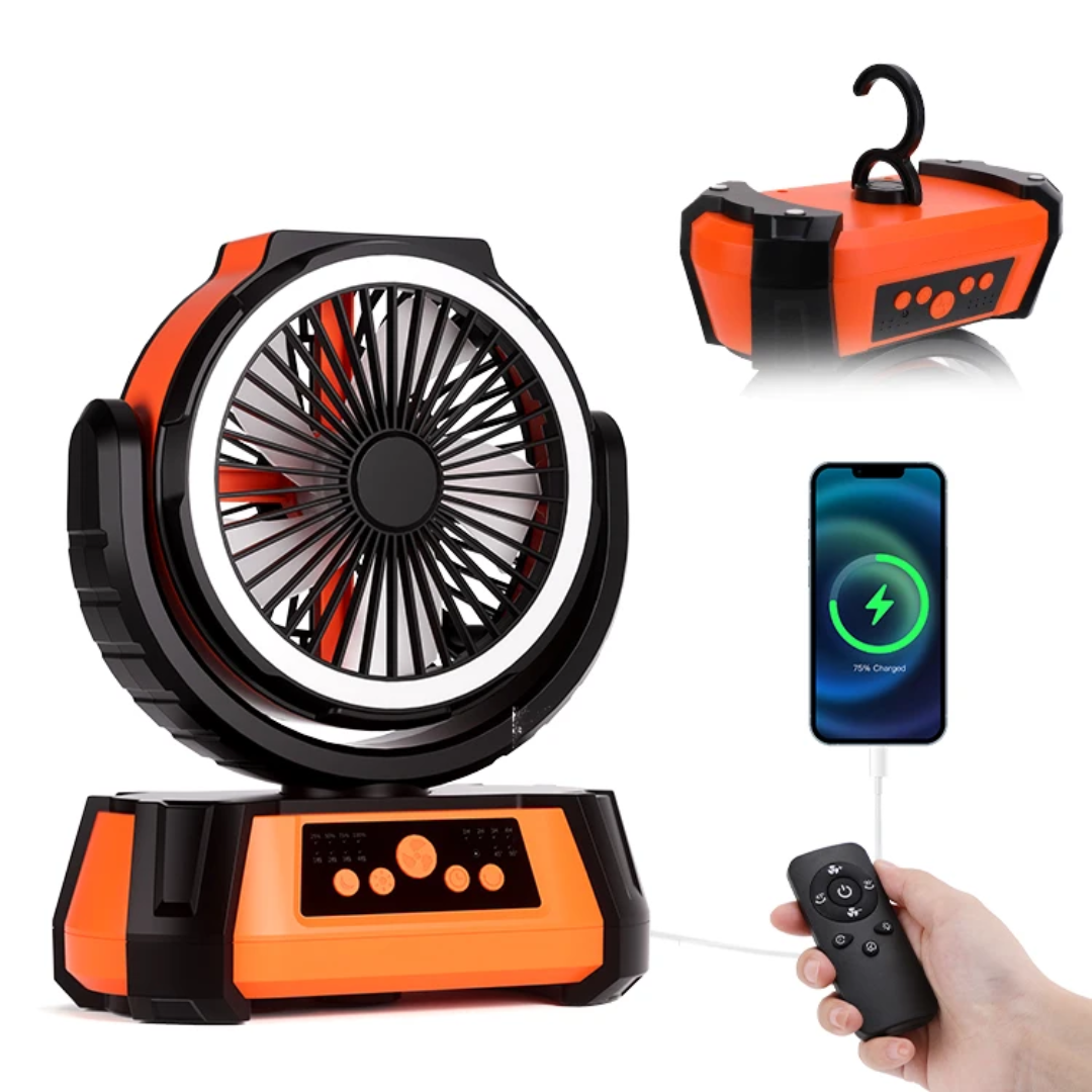 Ventilateur Portable Multifonction – Télécommande + LED + Powerbank + Rotation 120°