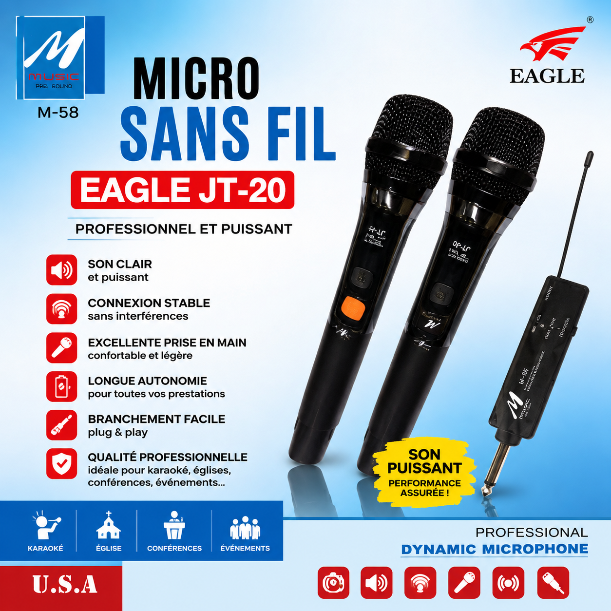 EAGLE JT-20 – Pack 2 Microphones Sans Fil Professionnels M-58