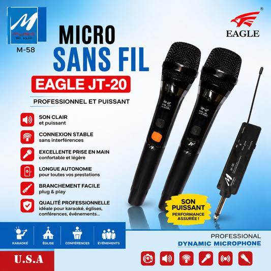 EAGLE JT-20 – Pack 2 Microphones Sans Fil Professionnels M-58