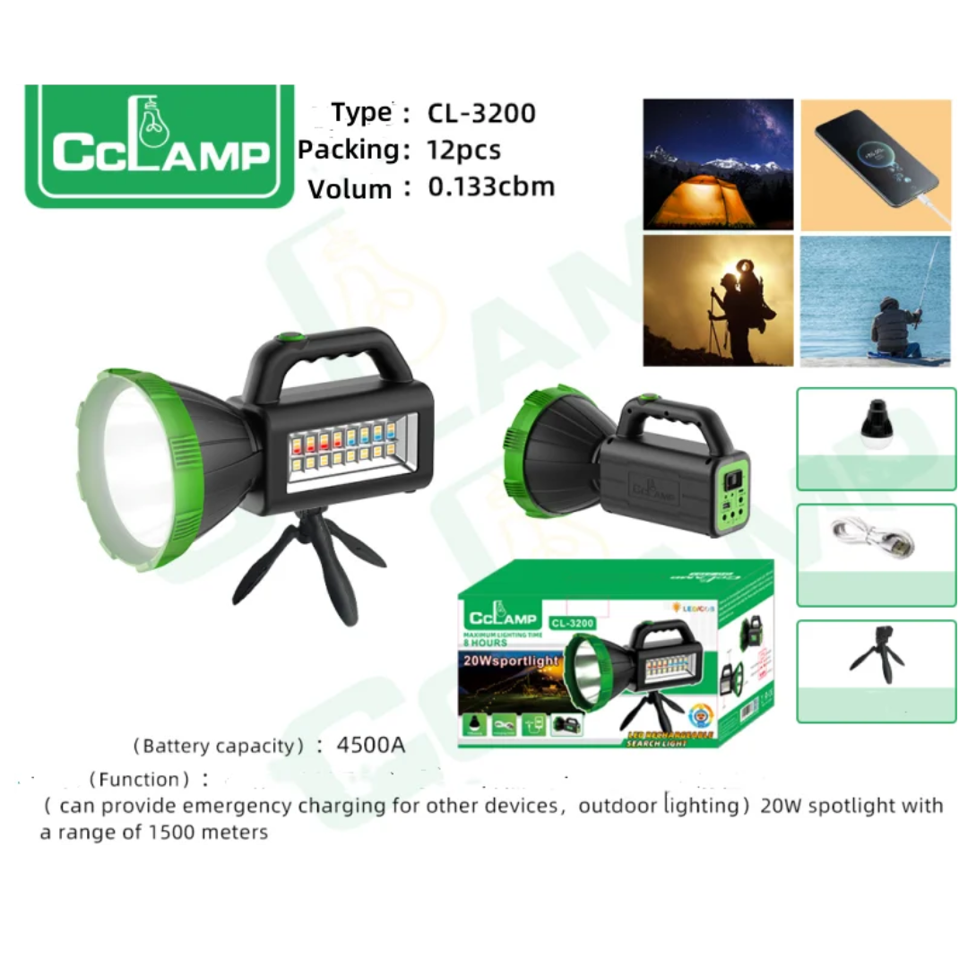 Lampe Torche Solaire CcLamp 20W – Portée 1500m, Batterie 4500mAh