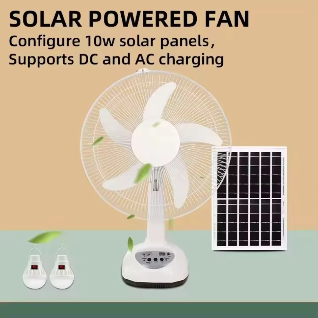 Ventilateur Solaire Rechargeable 16" GD-8016 — Panneau 10W + 2 Ampoules LED