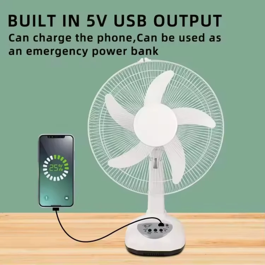 Ventilateur Solaire Rechargeable 16" GD-8016 — Panneau 10W + 2 Ampoules LED