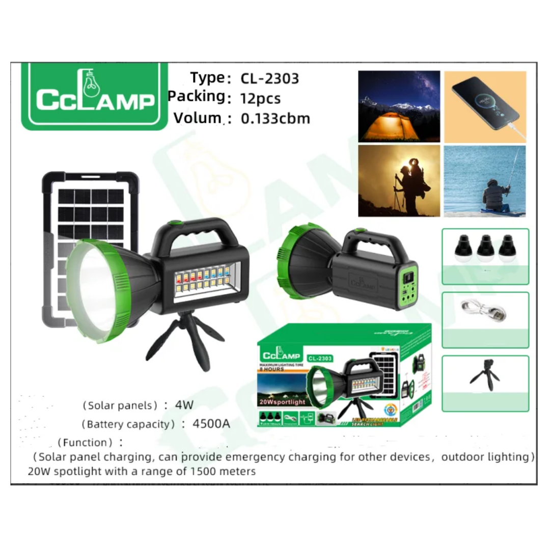 Lampe Torche Solaire CcLamp 20W – Portée 1500m, Batterie 4500mAh